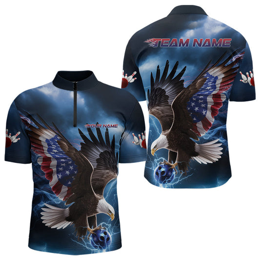 Custom Blue Lightning Patrotic Eagle Bowling Men Quarter-Zip Shirt, US Flag Bowling Team Shirt IPHW8938