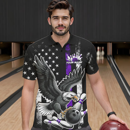 Custom Purple Line American Flag Eagle Bowling Men Polo Shirt, Patriotic US Bowling Shirt IPHW8940
