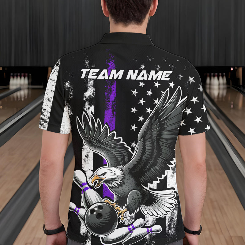Custom Purple Line American Flag Eagle Bowling Men Polo Shirt, Patriotic US Bowling Shirt IPHW8940