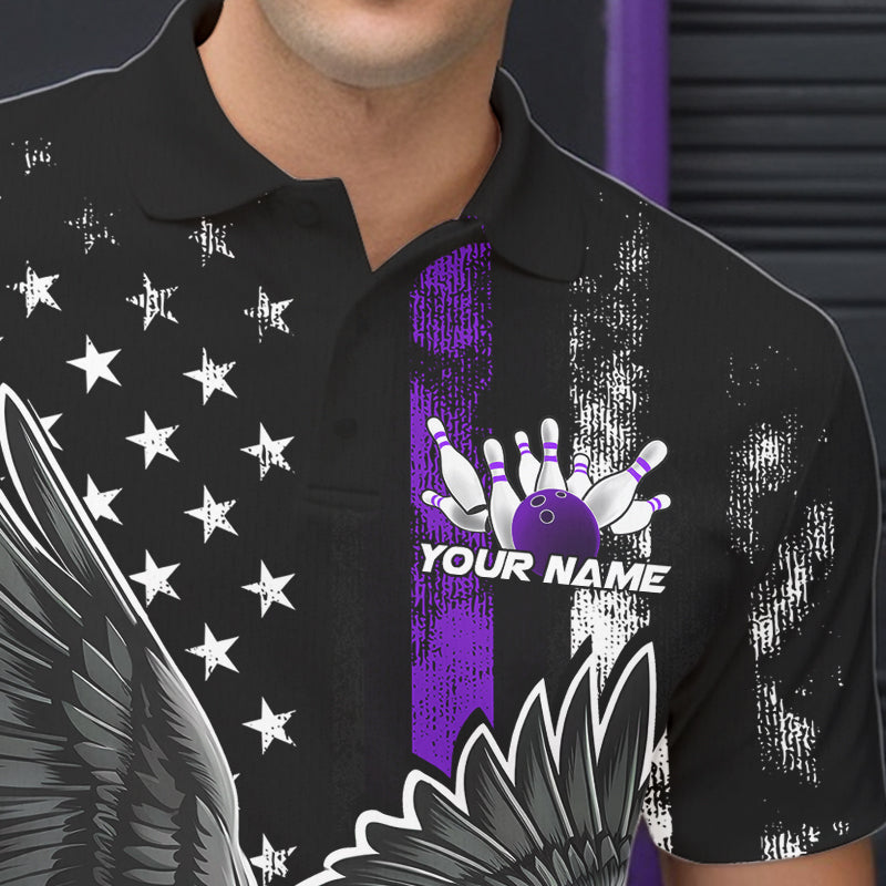 Custom Purple Line American Flag Eagle Bowling Men Polo Shirt, Patriotic US Bowling Shirt IPHW8940