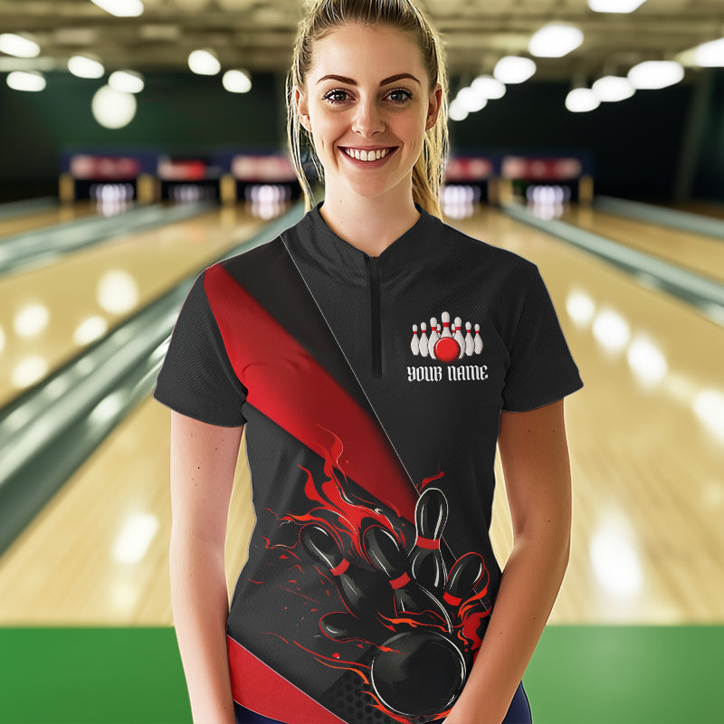 Custom Black And Red Flame Duckpin Bowling Women Quarter-Zip Shirts, Tournament Outfit IPHW8945