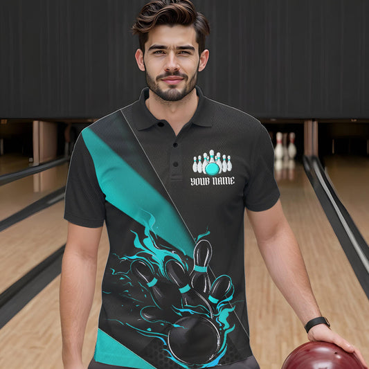Custom Black And Blue Flame Duckpin Bowling Team Men Polo Shirts, Duckpin Tournament Outfit IPHW8946