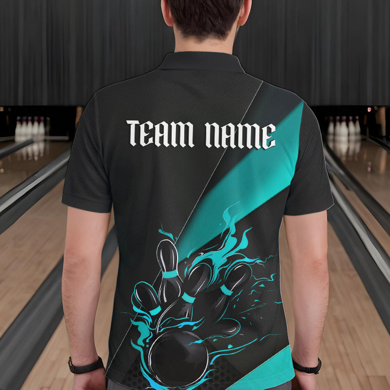 Custom Black And Blue Flame Duckpin Bowling Team Men Polo Shirts, Duckpin Tournament Outfit IPHW8946