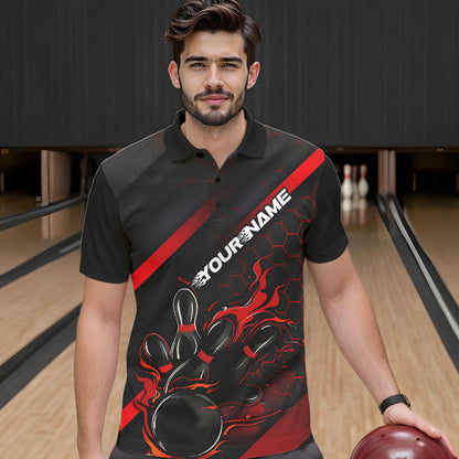 Custom Black And Red Flame Duckpin Bowling Polo Shirts For Men, Bowling Team League Shirt IPHW8947