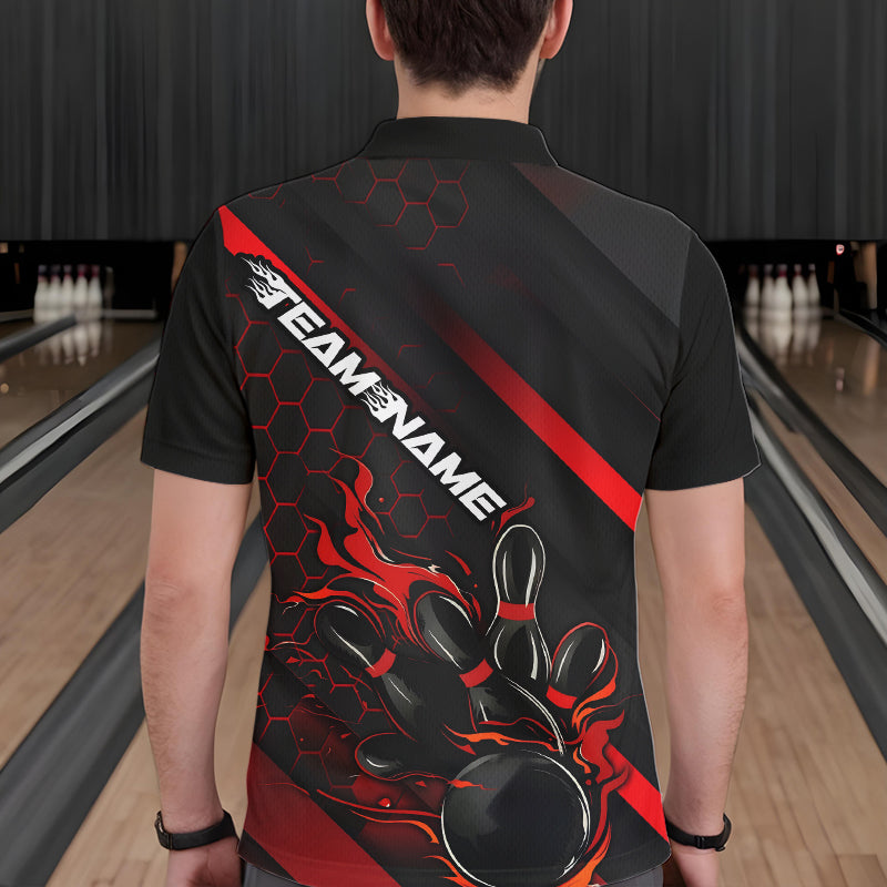 Custom Black And Red Flame Duckpin Bowling Polo Shirts For Men, Bowling Team League Shirt IPHW8947