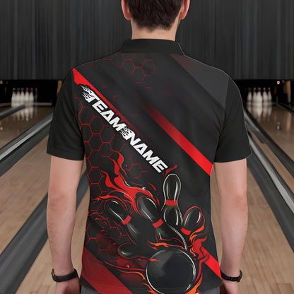 Custom Black And Red Flame Duckpin Bowling Polo Shirts For Men, Bowling Team League Shirt IPHW8947