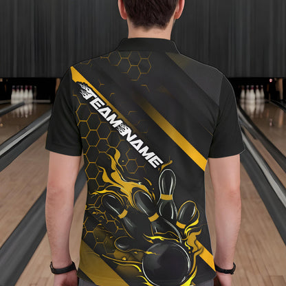 Custom Black And Yellow Flame Duckpin Bowling Polo Shirt For Men, Bowling Team League Shirt IPHW8948