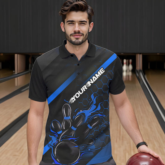 Custom Black And Blue Flame Duckpin Bowling Polo Shirts For Men, Bowling Team League Shirt IPHW8949