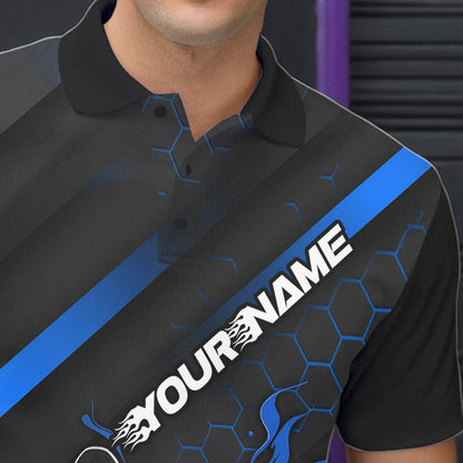 Custom Black And Blue Flame Duckpin Bowling Polo Shirts For Men, Bowling Team League Shirt IPHW8949