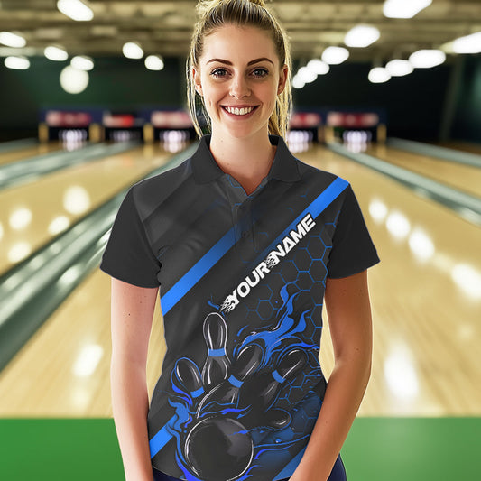 Custom Black And Blue Flame Duckpin Bowling Polo Shirt For Women, Bowling Team League Shirt IPHW8949