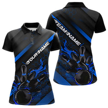 Load image into Gallery viewer, Custom Black And Blue Flame Duckpin Bowling Polo Shirt For Women, Bowling Team League Shirt IPHW8949