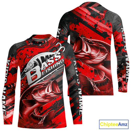 Custom Name Red Camo Bass Fishing Jerseys, Largemouth Bass Kid Long Sleeve Fishing Shirt IPHW9187
