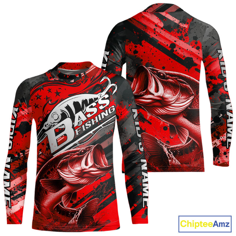 Custom Name Red Camo Bass Fishing Jerseys, Largemouth Bass Kid Long Sleeve Fishing Shirt IPHW9187