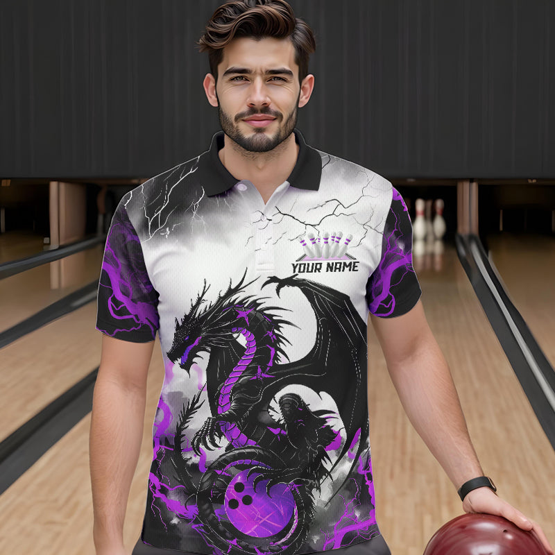 Black And Purple Thunder Lightning Custom Dragon Bowling Men Polo Shirts, Bowling Uniform IPHW8695