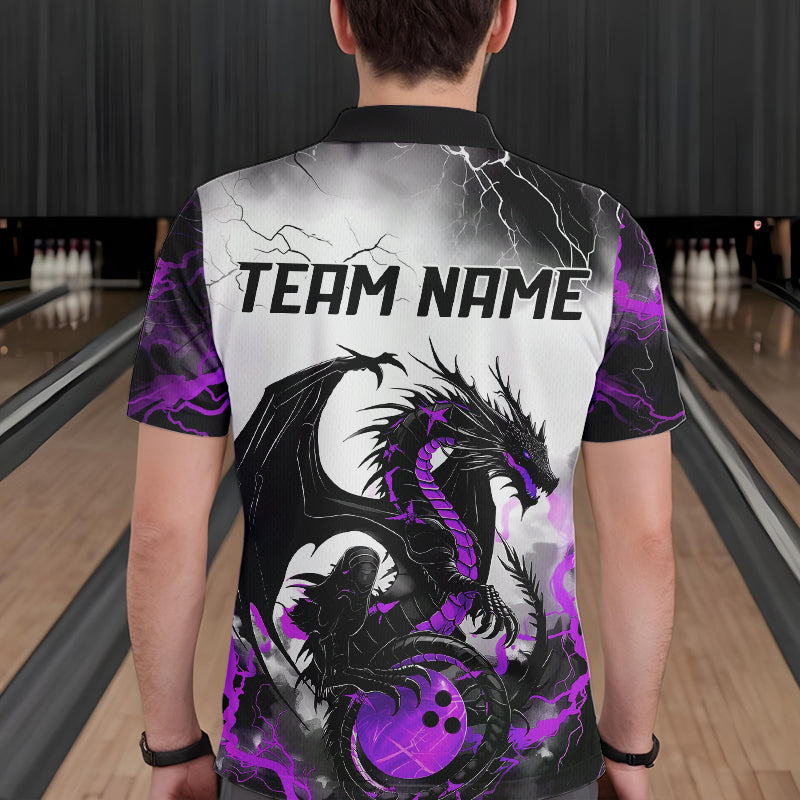 Black And Purple Thunder Lightning Custom Dragon Bowling Men Polo Shirts, Bowling Uniform IPHW8695