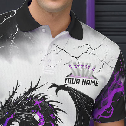 Black And Purple Thunder Lightning Custom Dragon Bowling Men Polo Shirts, Bowling Uniform IPHW8695