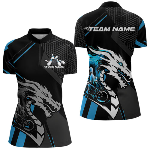 Custom Black And Blue Dragon Bowling Jerseys, Team Women Quarter-Zip Shirts Bowlers Outfit IPHW8700