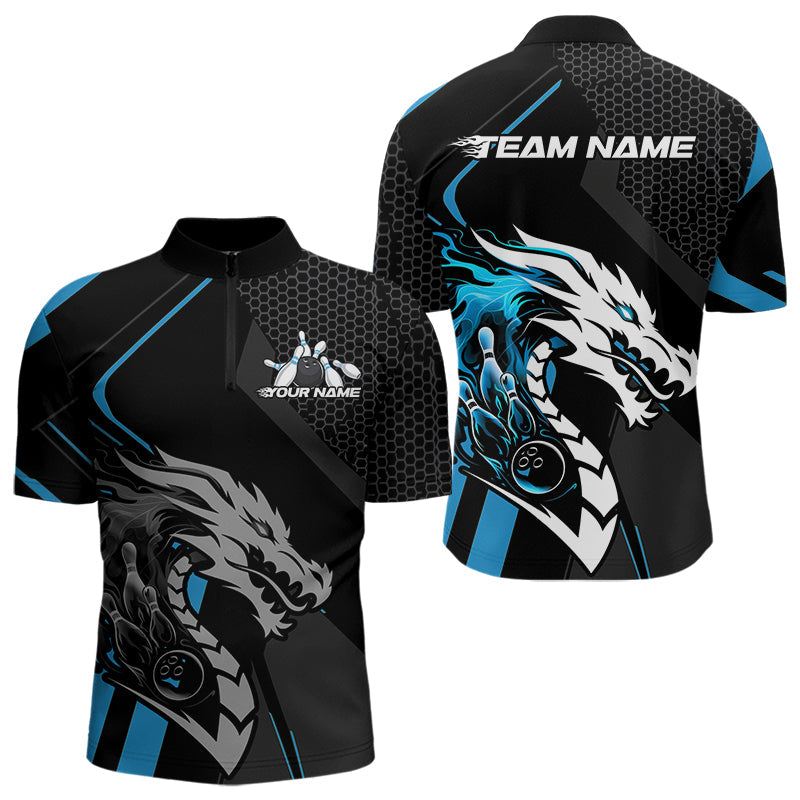 Custom Black And Blue Dragon Bowling Jerseys, Bowling Team Men Quarter-Zip Shirts Bowlers Outfit IPHW8700