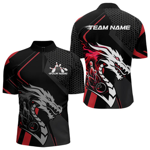 Custom Black And Red Dragon Bowling Jerseys, Bowling Team Men Quarter-Zip Shirts Bowlers Outfit IPHW8701