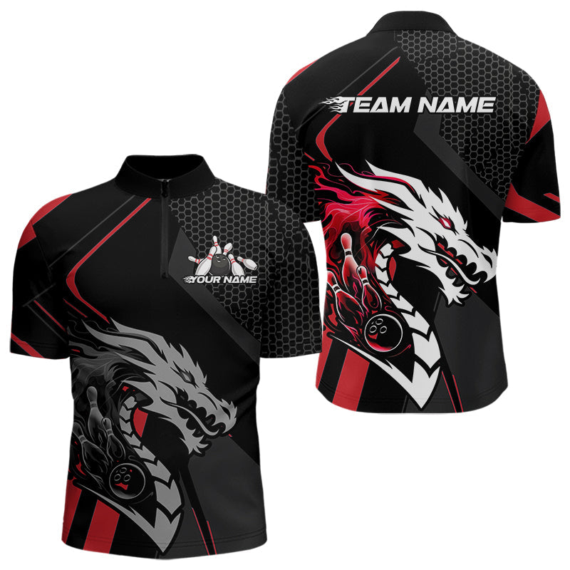 Custom Black And Red Dragon Bowling Jerseys, Bowling Team Men Quarter-Zip Shirts Bowlers Outfit IPHW8701