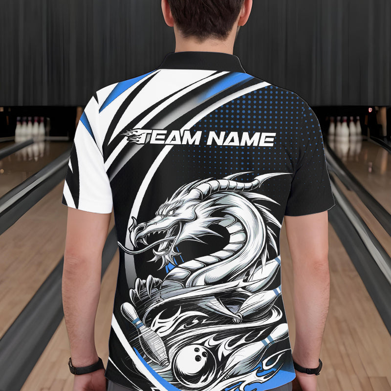 Custom Black And Blue Dragon Bowling Team Polo Shirts For Men, Dragon Bowling Jerseys IPHW8706