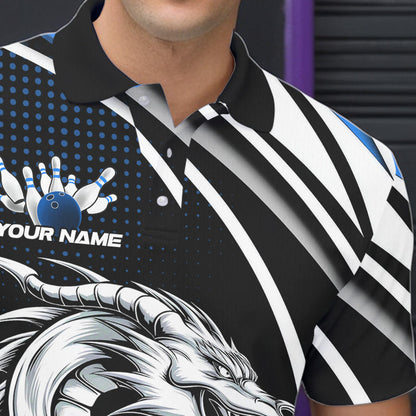 Custom Black And Blue Dragon Bowling Team Polo Shirts For Men, Dragon Bowling Jerseys IPHW8706