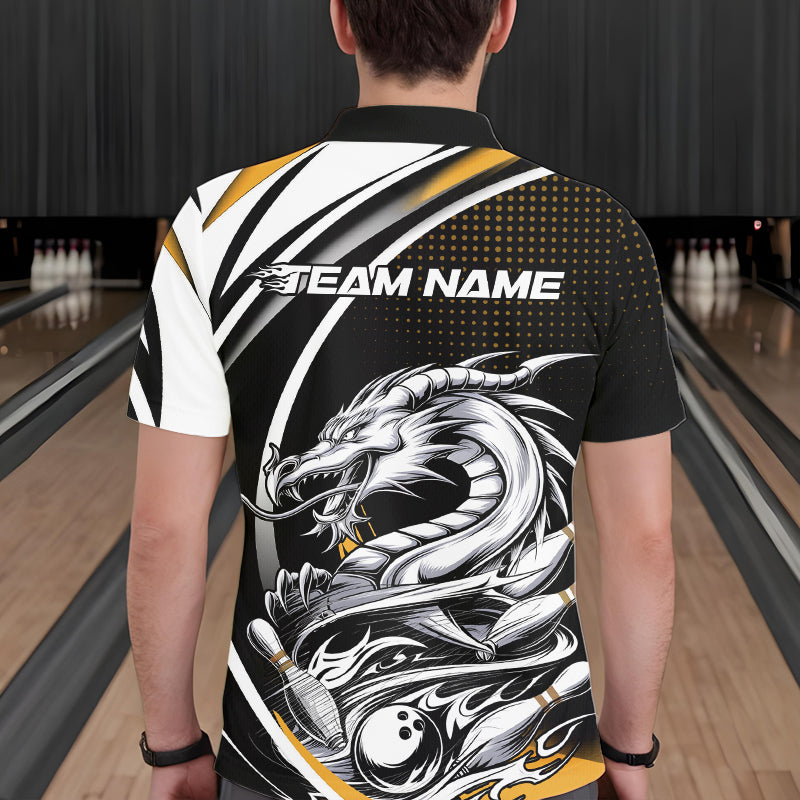 Custom Black And Yellow Dragon Bowling Team Polo Shirts For Men, Dragon Bowling Jerseys IPHW8707