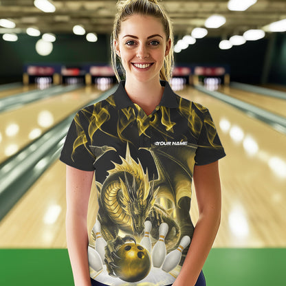 Custom Yellow Flame Dragon Bowling Polo Shirts For Women, Dragon Bowling Team Jerseys IPHW8962
