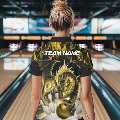 Custom Yellow Flame Dragon Bowling Polo Shirts For Women, Dragon Bowling Team Jerseys IPHW8962