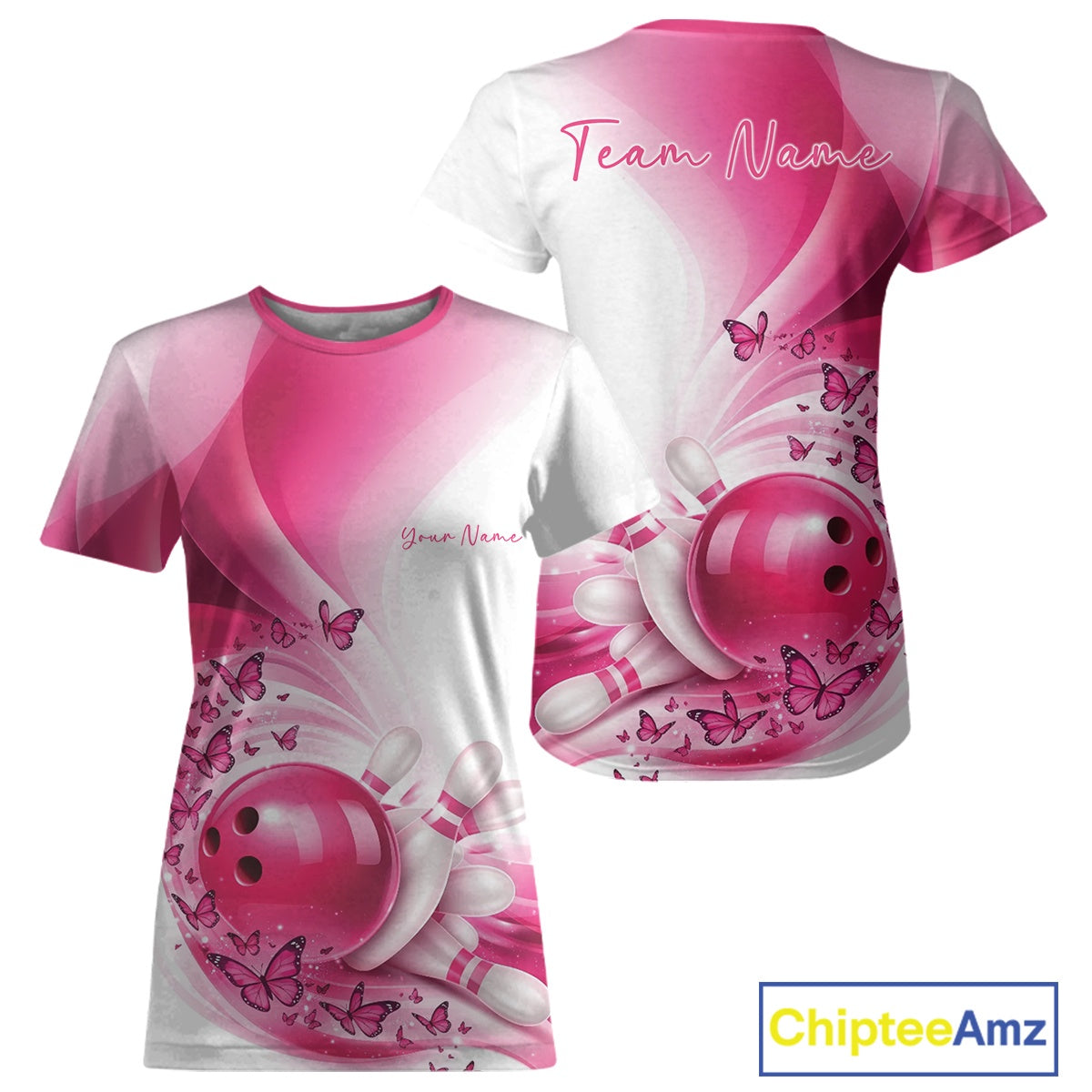 Pink and white bowling-themed t-shirt with butterflies and 'Team Name' text on a white background.