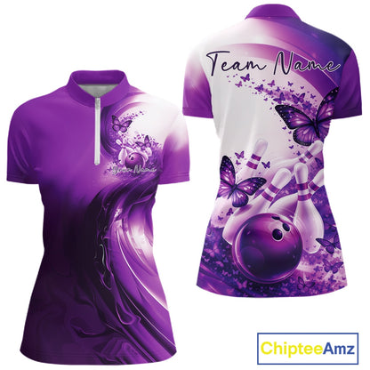 Purple bowling shirt with butterfly design and 'Team Name' text on a white background, featuring ChipteeAmz branding.