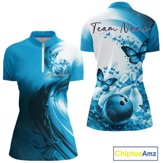 Blue bowling shirt with butterfly design and 'Team Name' text on a white background