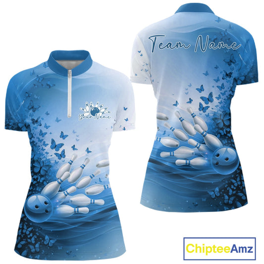 Blue bowling-themed sports jersey with butterfly design, front and back views, on a white background.