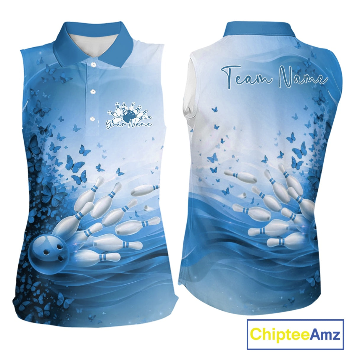 Blue sleeveless shirt with butterfly bowling design and 'Team Name' text, featuring ChipteeAmz branding.
