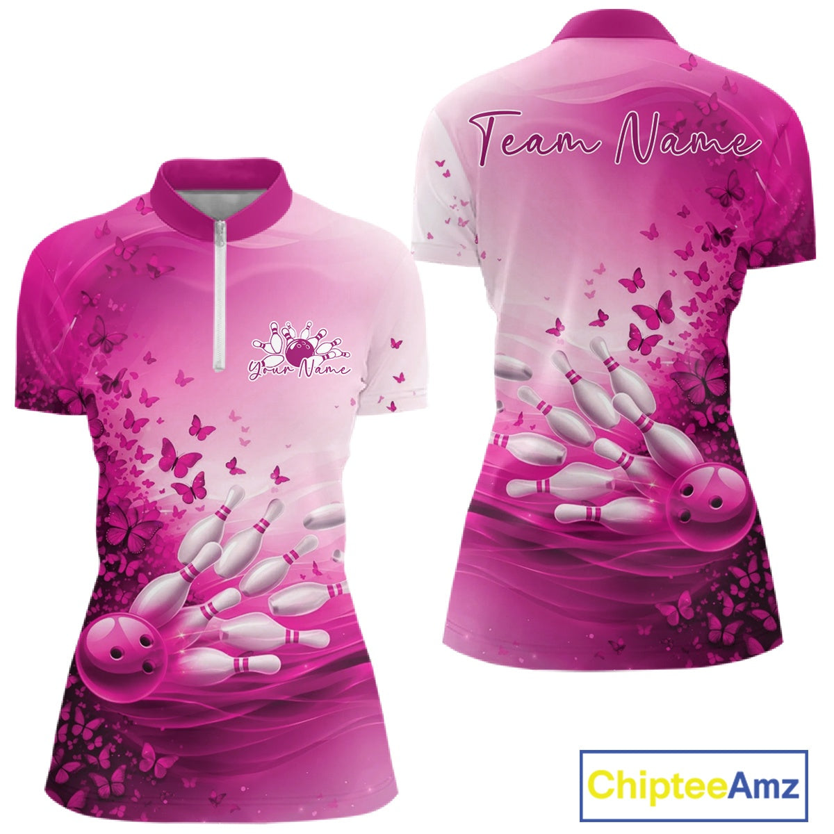 Pink bowling-themed shirt with butterfly design on a white background,