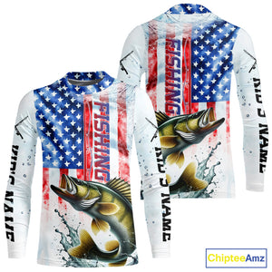 Custom Patriotic Walleye US Flag Kid Long Sleeve Fishing Shirt, Walleye Fishing Jersey IPHW9199