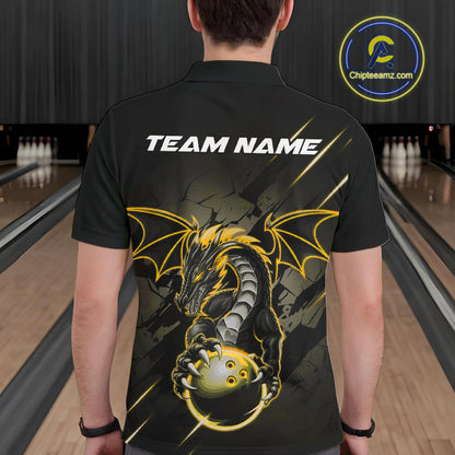 Custom Glowing Yellow Dragon Bowling Team Polo Shirts For Men, Dragon Bowling Jerseys IPHW9540