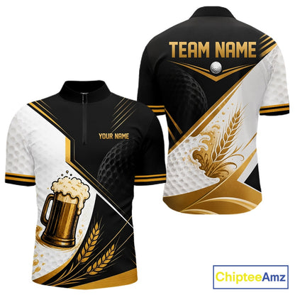 Custom Black And Gold Golf And Beer Golf Team Men Quarter Zip Shirt, Golf Apparel IPHW11671