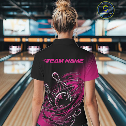 Custom Black And Pink Flame Bowling Polo Shirts For Women, Team Bowling League Shirt IPHW9777