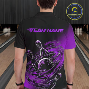 Custom Black And Purple Flame Bowling Polo Shirts For Men, Team Bowling League Shirt IPHW9778
