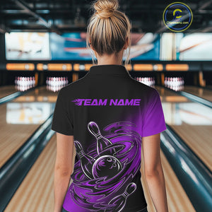 Custom Black And Purple Flame Bowling Polo Shirts For Women, Team Bowling League Shirt IPHW9778