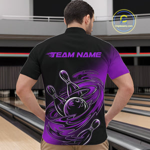 Custom Black And Purple Flame Bowling Quarter-Zip Shirts For Men, Team Bowling League Shirt IPHW9778