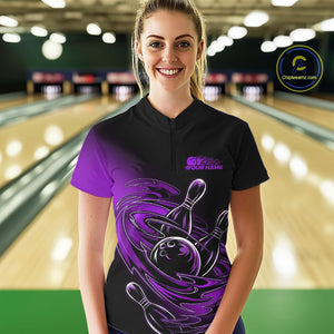 Custom Black And Purple Flame Bowling Women Quarter-Zip Shirts, Team Bowling League Shirt IPHW9778