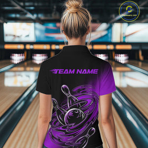 Custom Black And Purple Flame Bowling Women Quarter-Zip Shirts, Team Bowling League Shirt IPHW9778