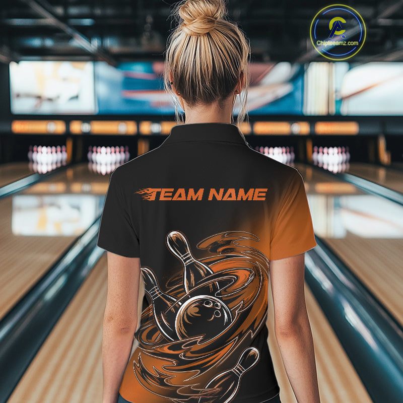 Custom Black And Orange Flame Bowling Polo Shirts For Women, Team Bowling League Shirt IPHW9779