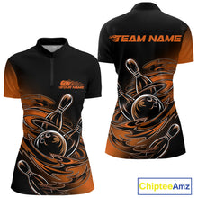 Load image into Gallery viewer, Custom Black And Orange Flame Bowling Women Quarter-Zip Shirts, Team Bowling League Shirt IPHW9779