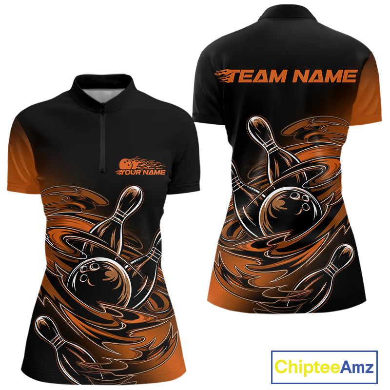 Custom Black And Orange Flame Bowling Women Quarter-Zip Shirts, Team Bowling League Shirt IPHW9779