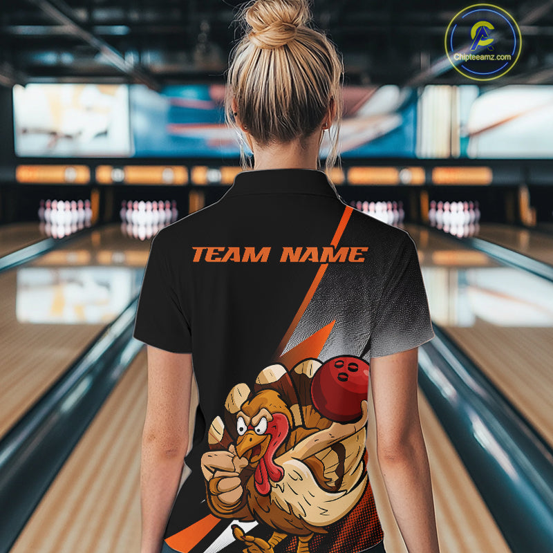 Custom Funny Orange Turkey Bowling Women Quarter-Zip Shirts, Thanksgiving Bowling Shirt IPHW9783