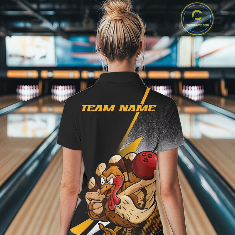 Custom Funny Yellow Turkey Bowling Team Women Polo Shirts, Thanksgiving Bowling Shirt IPHW9784