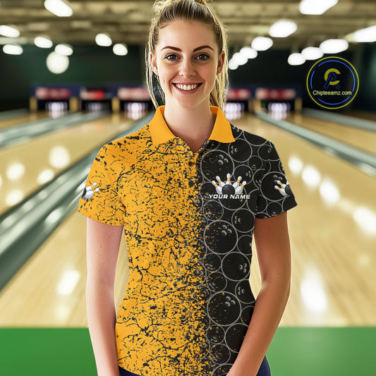 Custom Black And Yellow Splatter Bowling Ball Pattern Bowling Team Polo Shirts For Women IPHW9788
